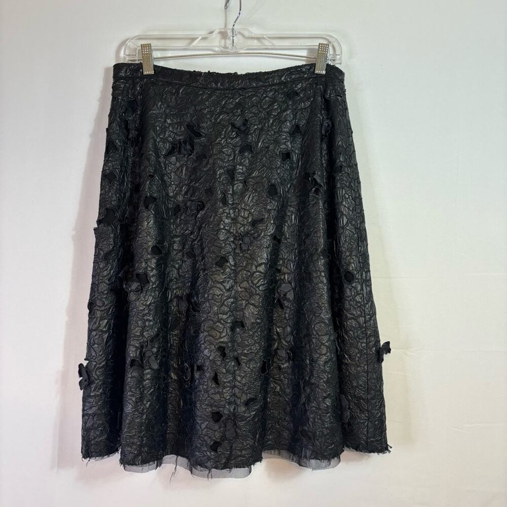 BCBGMAXAZRIA Black Vegan Leather A-Line Skirt with Floral Embellishments F0113